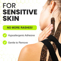 A woman wearing TapeGeeks leopard print kinesiology tape on her neck and shoulder, highlighting the tape’s hypoallergenic adhesive and gentle removal for sensitive skin.