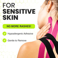 Pink and black TapeGeeks kinesiology tape on neck and shoulder, hypoallergenic adhesive gentle for sensitive skin.