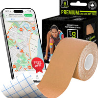 Beige TapeGeeks kinesiology tape roll with packaging, matching natural skin tone for discreet muscle support during sports and daily movement.