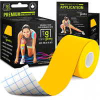 Yellow TapeGeeks 2-inch premium kinesiology tape roll shown with packaging, designed for muscle support, injury prevention, and athletic recovery.