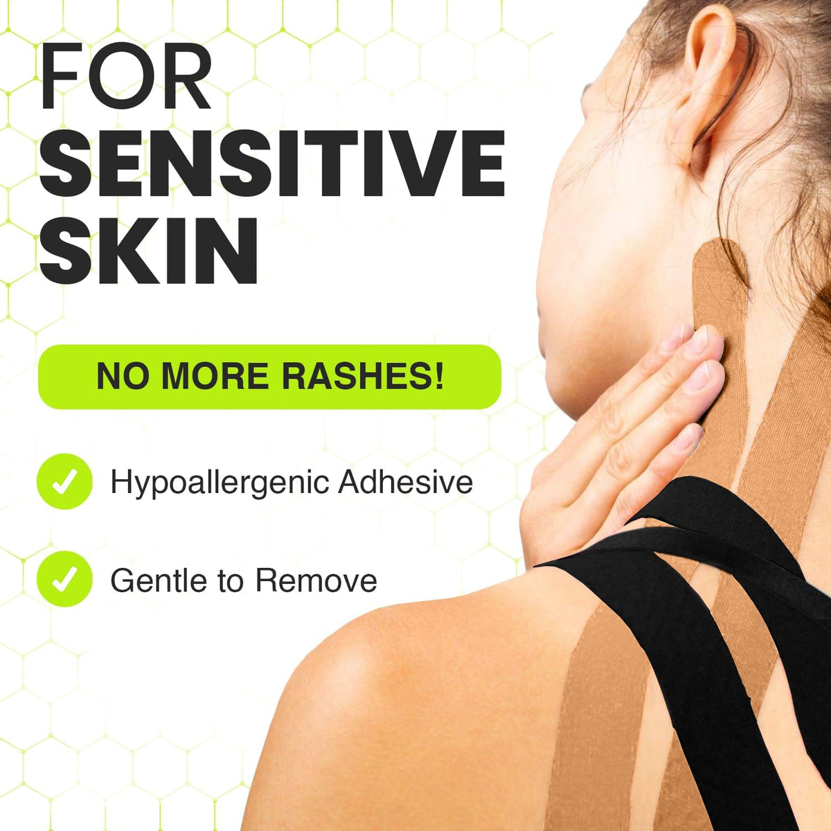 TapeGeeks kinesiology tape on neck and shoulder, hypoallergenic and gentle adhesive, perfect for sensitive skin and easy removal.