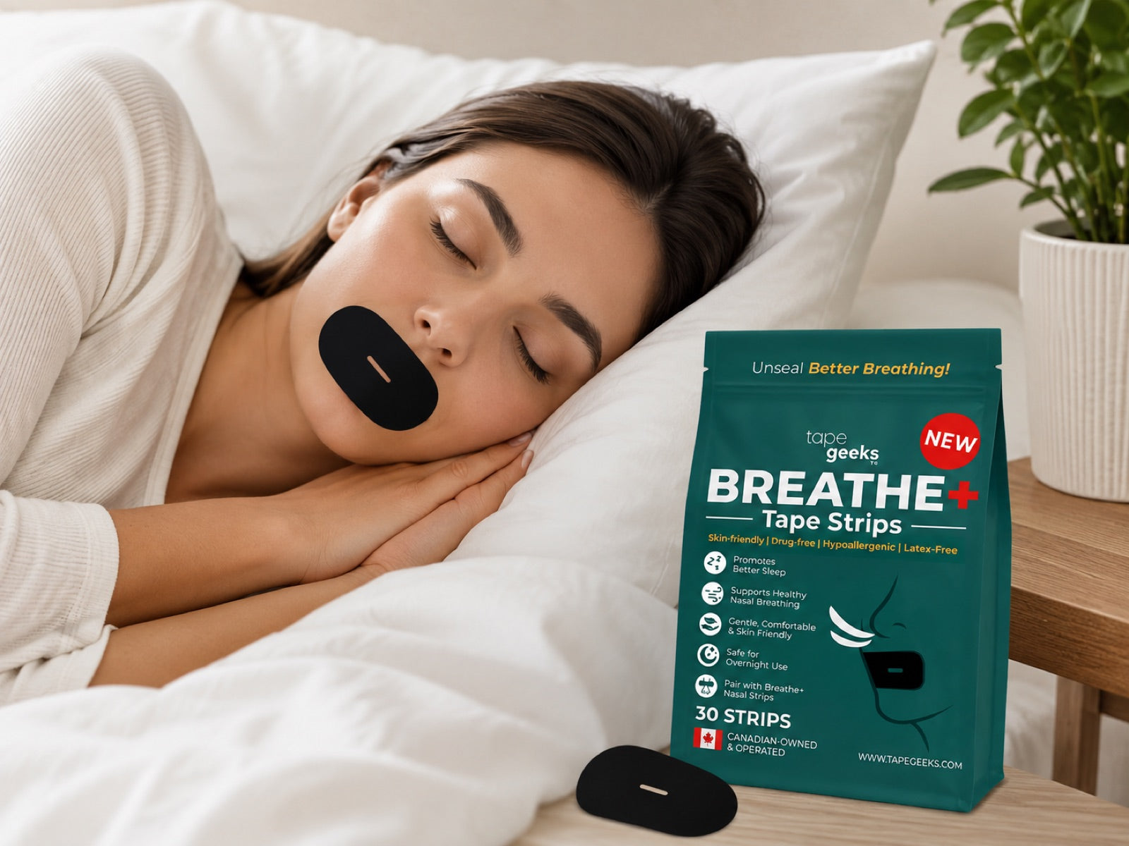 Woman sleeping on her side wearing TapeGeeks Breathe+ vented mouth tape, next to the 30-strip pack