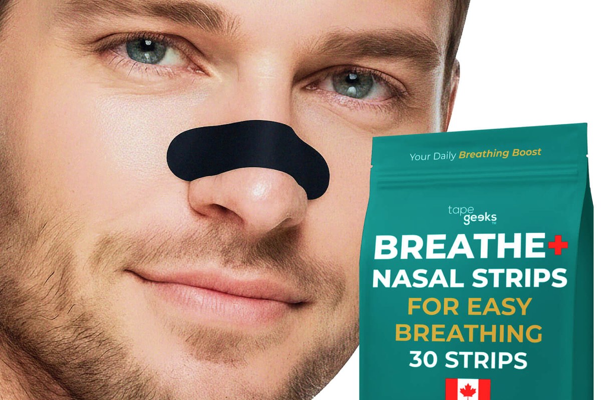 TapeGeeks Breathe+ adult nasal strips packaging for fall allergy relief