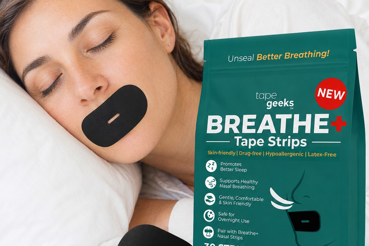 TapeGeeks Breathe+ mouth tape product packaging for sleep