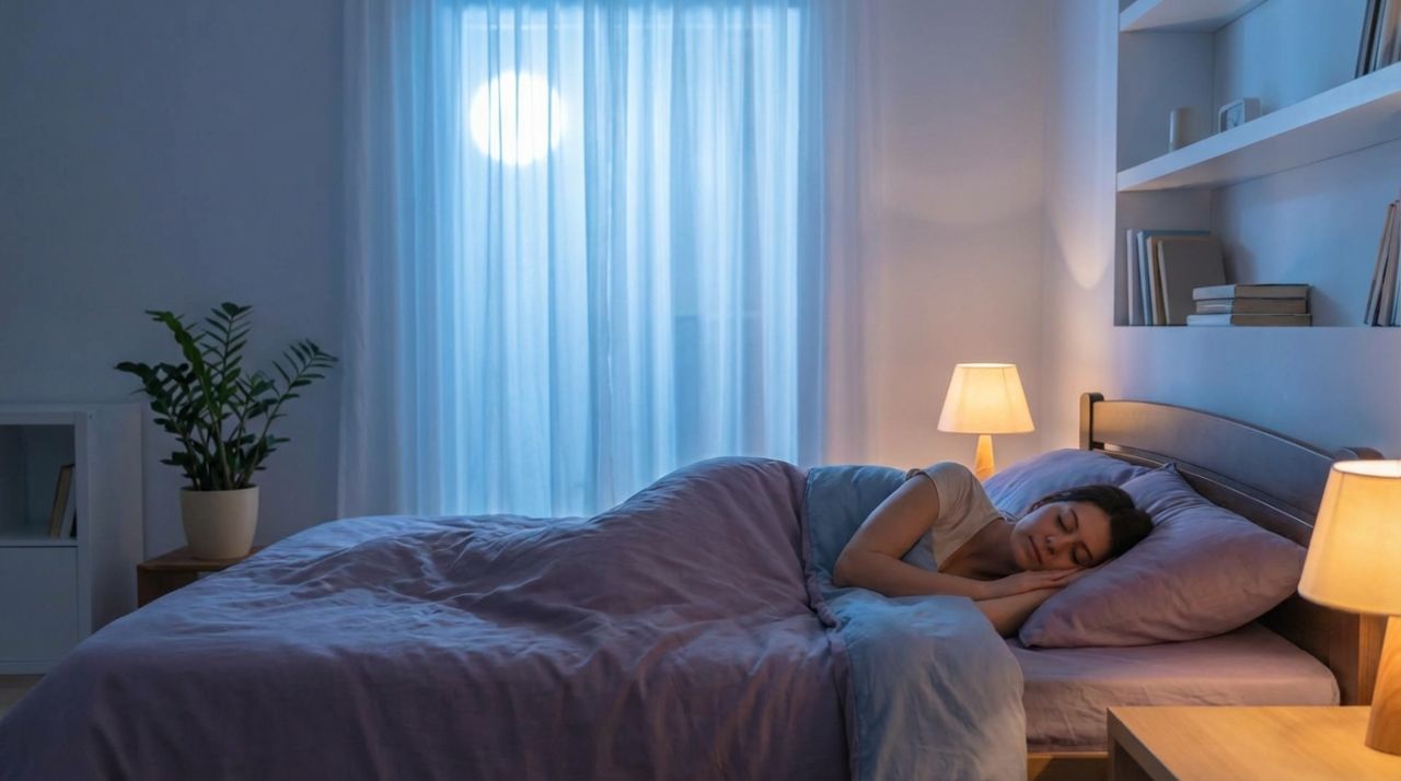 Woman sleeping peacefully at night in a softly lit bedroom, illustrating restful sleep and better breathing for a Canadian mouth tape guide.