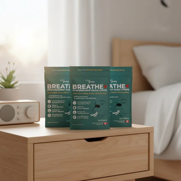 TapeGeeks Breathe+ Performance Nasal Strips real packaging — three teal pouches on a nightstand