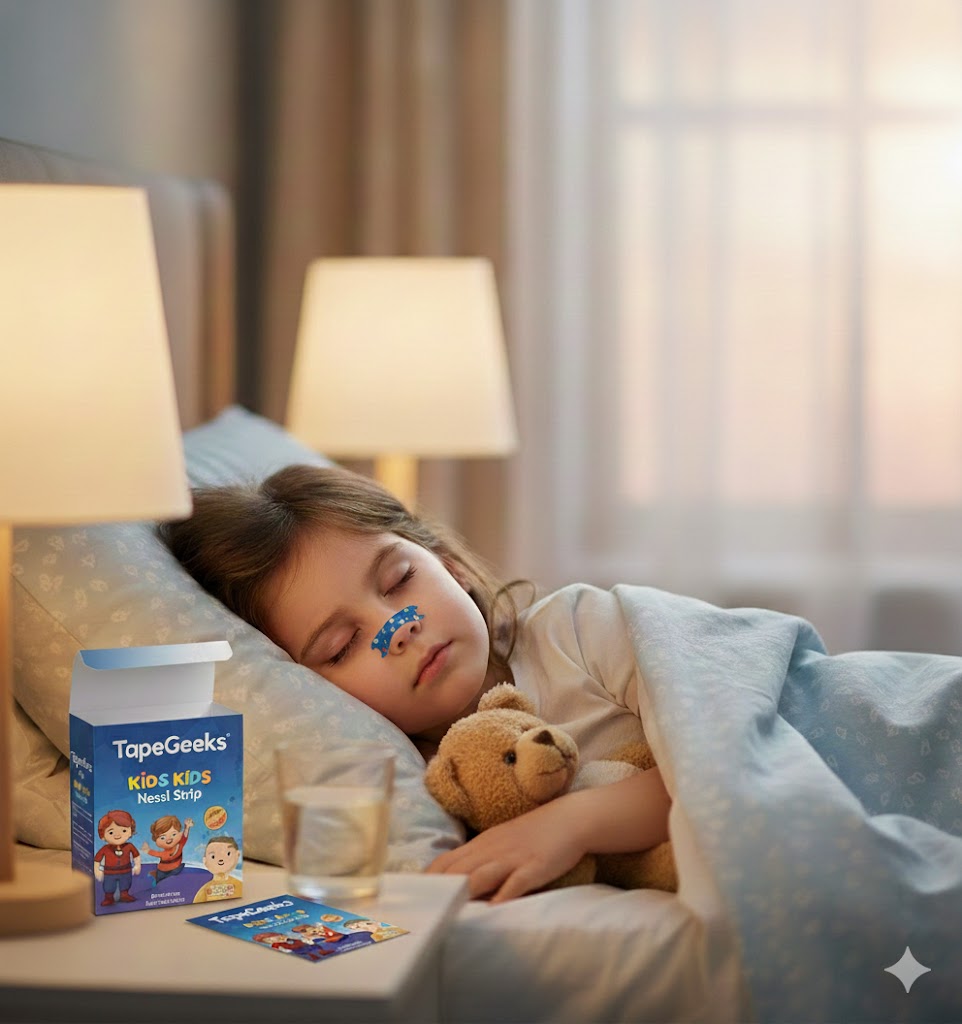Child sleeping with TapeGeeks kids blue nasal strip for better breathing, anti-snoring, comfortable nighttime relief.