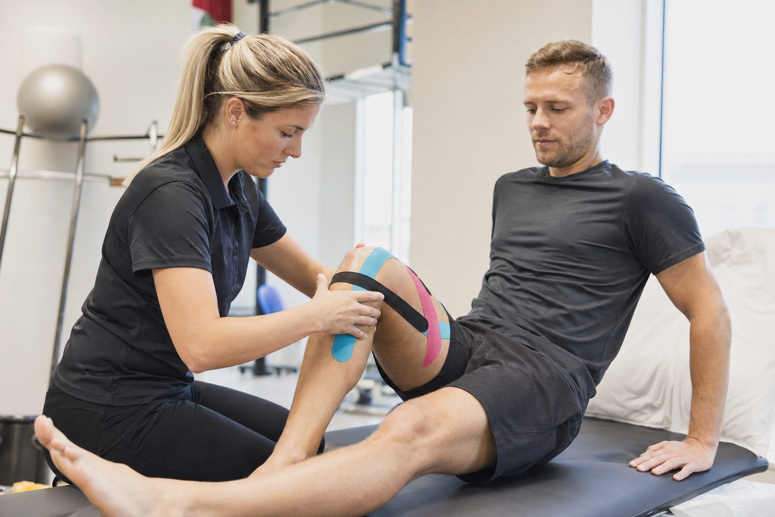 Physiotherapist examining athlete's knee with kinesiology tape — TapeGeeks KT tape vs physio guide
