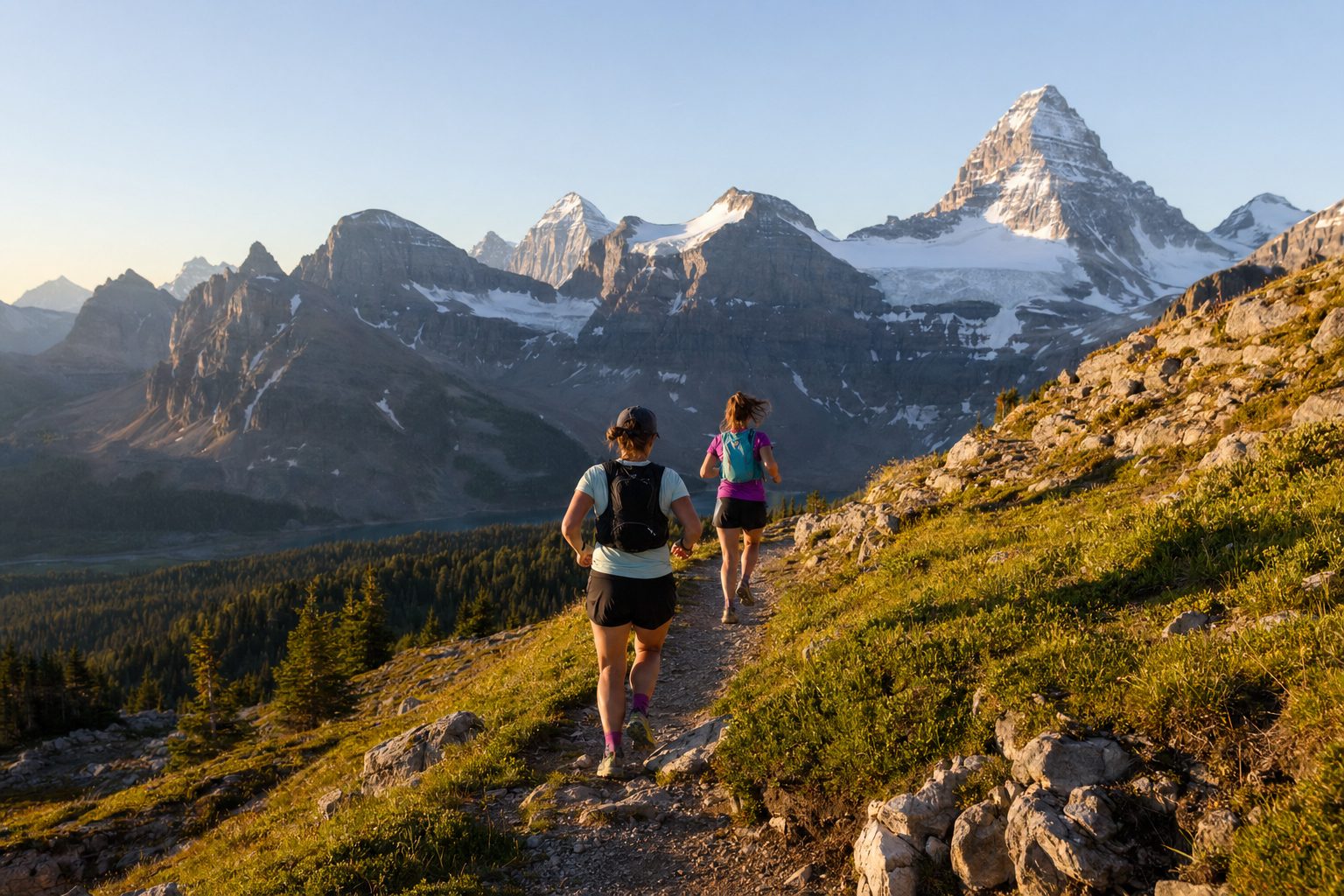 Trail runners in Banff with Rocky Mountains — sports clinics guide for Alberta athletes