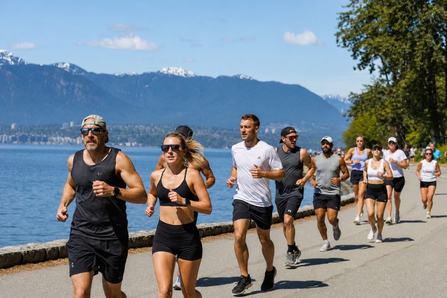 Runners on Vancouver Seawall with North Shore mountains — sports clinics guide for BC athletes
