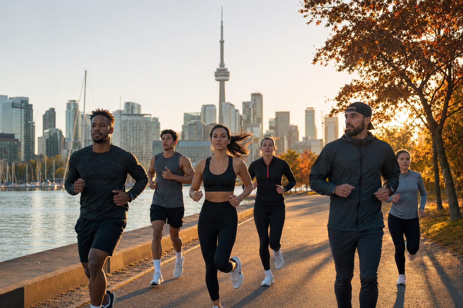 Athletes running in Toronto park with CN Tower — sports clinics guide for Ontario athletes