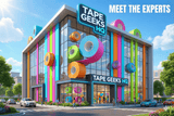 TapeGeeks HQ building with bold, colorful tape rolls decorating the exterior and “Meet the Experts” sign, welcoming visitors to the flagship kinesiology tape center.