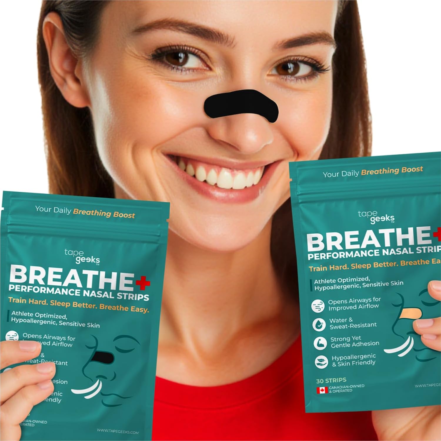 Smiling woman demonstrating Tape Geeks BREATHE+ Performance Nasal Strips in black, holding two product packages designed for better breathing and athletic performance.