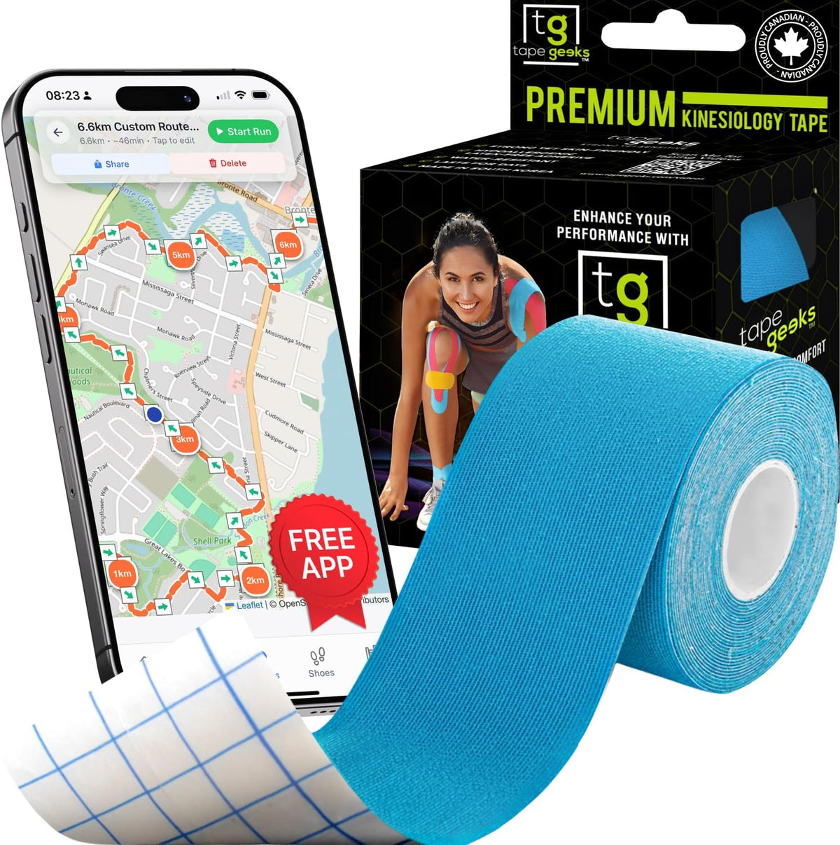 Blue 2-inch TapeGeeks kinesiology tape roll shown next to the branded box, offering strong adhesion and flexible muscle support.
