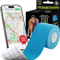 Blue 2-inch TapeGeeks kinesiology tape roll shown next to the branded box, offering strong adhesion and flexible muscle support.