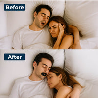 Before-and-after comparison showing a couple in bed, with the “before” image depicting loud mouth breathing and the “after” image showing quiet, restful sleep using TapeGeeks Breathe+ mouth tape to promote nasal breathing and reduce snoring.