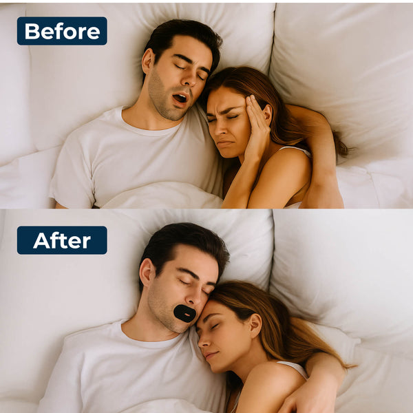 Before-and-after comparison showing a couple in bed, with the “before” image depicting loud mouth breathing and the “after” image showing quiet, restful sleep using TapeGeeks Breathe+ mouth tape to promote nasal breathing and reduce snoring.