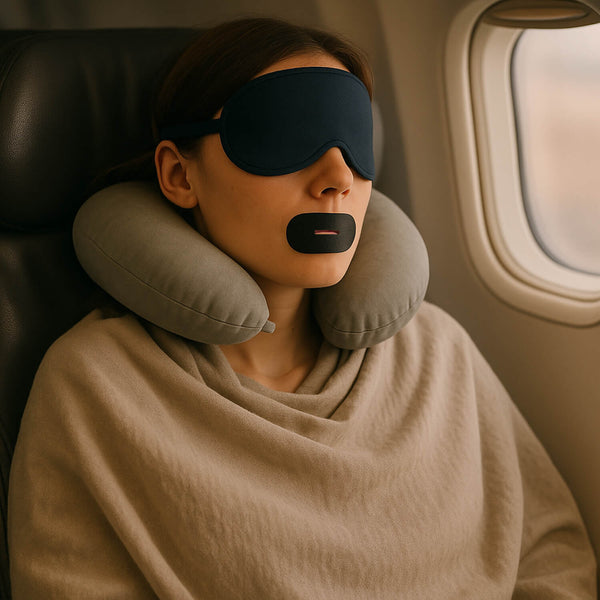 A woman resting on an airplane wearing TapeGeeks Breathe+ mouth tape, an eye mask, and a neck pillow, demonstrating how the mouth strip encourages nasal breathing and improves comfort during travel or long flights.