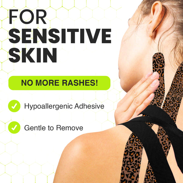 A woman wearing TapeGeeks leopard print kinesiology tape on her neck and shoulder, highlighting the tape’s hypoallergenic adhesive and gentle removal for sensitive skin.