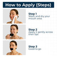Step-by-step visual guide demonstrating how to apply TapeGeeks Breathe+ mouth tape: washing the mouth area, placing the strip across the lips, and preparing for comfortable overnight nasal breathing.