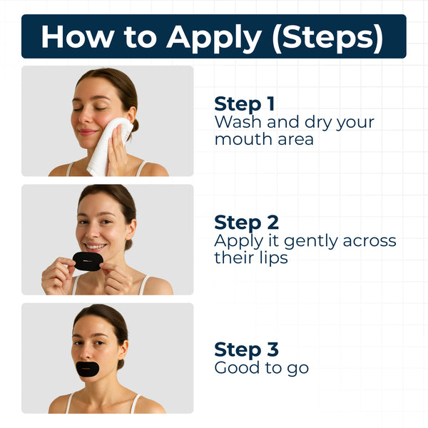 Step-by-step visual guide demonstrating how to apply TapeGeeks Breathe+ mouth tape: washing the mouth area, placing the strip across the lips, and preparing for comfortable overnight nasal breathing.