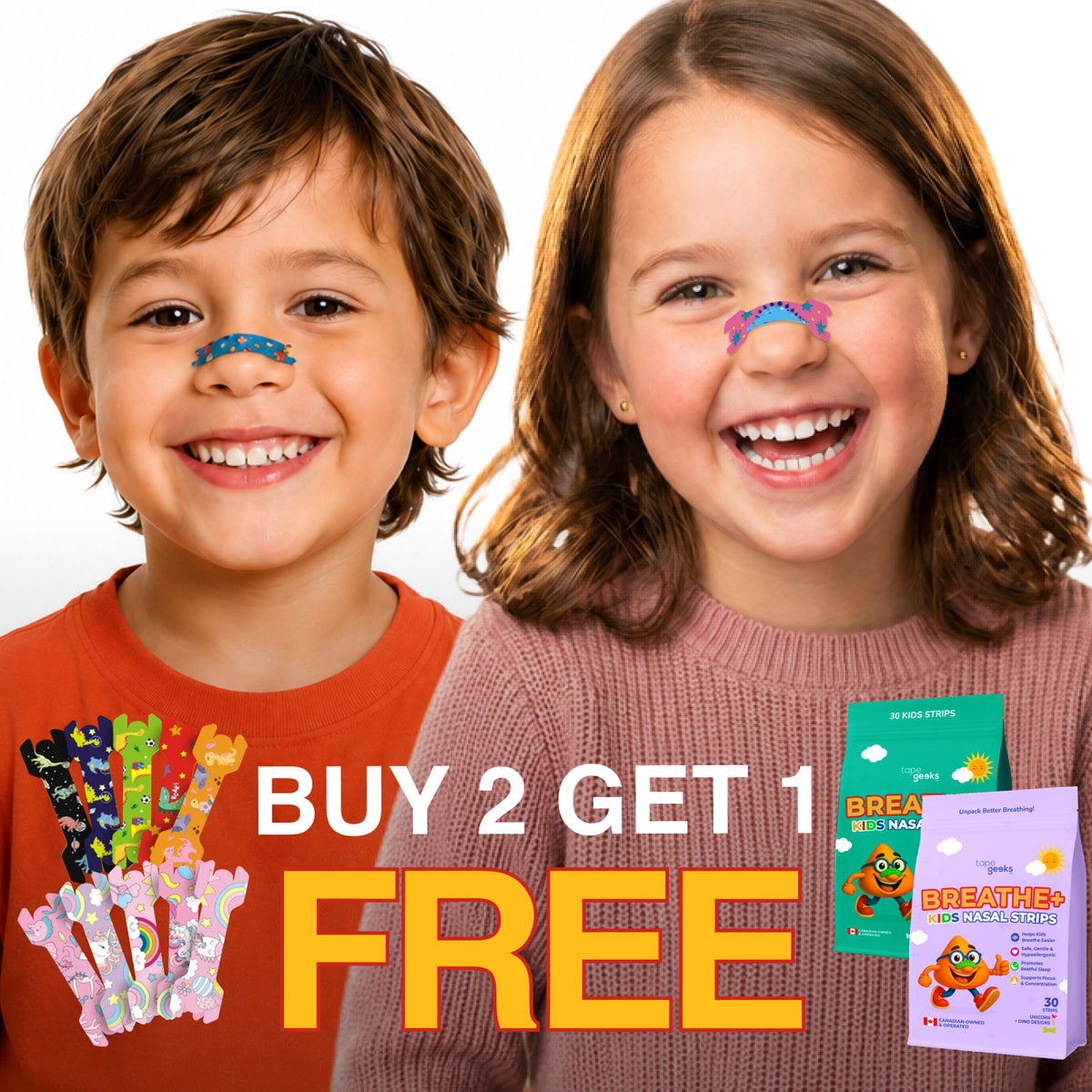 TapeGeeks Breathe+ Kids Nasal Strips — Drug-Free Congestion Relief for Better Sleep, Ages 5+
