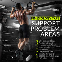 Male athlete doing pull-ups with highlighted areas—shoulders, wrists, back, knees, and calves—showing where TapeGeeks kinesiology tape provides support.