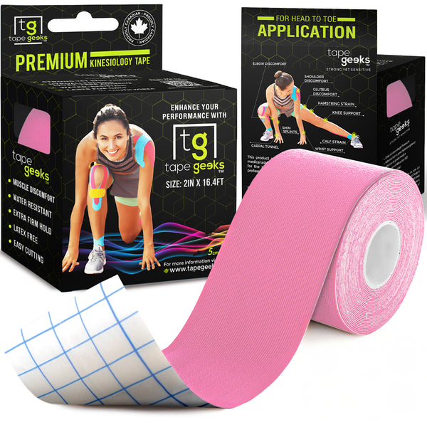 Light pink kinesiology tape roll from TapeGeeks with packaging, designed for sensitive skin and full-body athletic support.