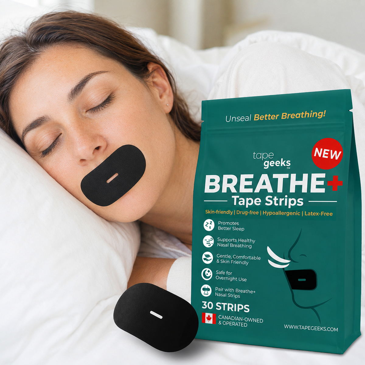 TapeGeeks Breathe+ Mouth Tape — Hypoallergenic Latex-Free Sleep Tape for Snoring