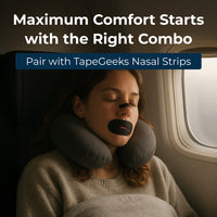 A traveler sleeping comfortably with both TapeGeeks Breathe+ mouth tape and TapeGeeks nasal strips, showcasing the recommended combo for maximum snoring reduction and healthy nasal breathing.