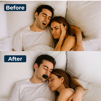 Before-and-after comparison showing a couple in bed, with the “before” image depicting loud mouth breathing and the “after” image showing quiet, restful sleep using TapeGeeks Breathe+ mouth tape to promote nasal breathing and reduce snoring.