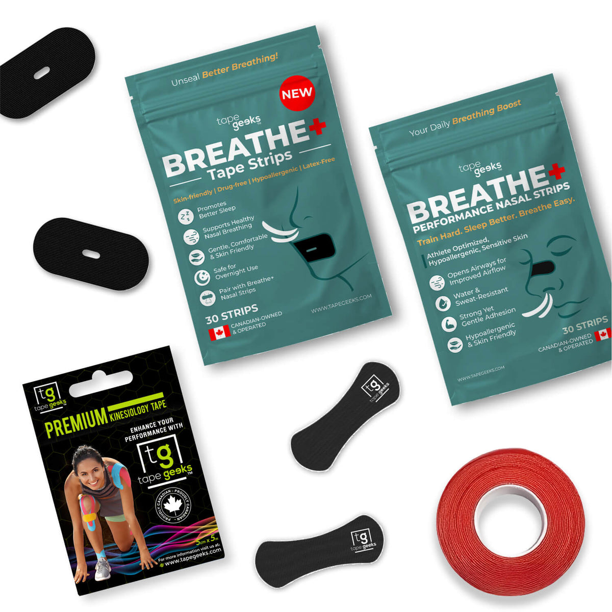 TapeGeeks Recovery Kit flat lay showing kinesiology tape, nasal strips, and mouth tape for athletes, designed to support muscle recovery, improve breathing, and enhance sleep.
