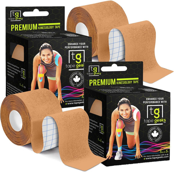 TapeGeeks beige kinesiology tape 2-pack, natural skin tone tape for discreet muscle and joint support, shown with packaging.