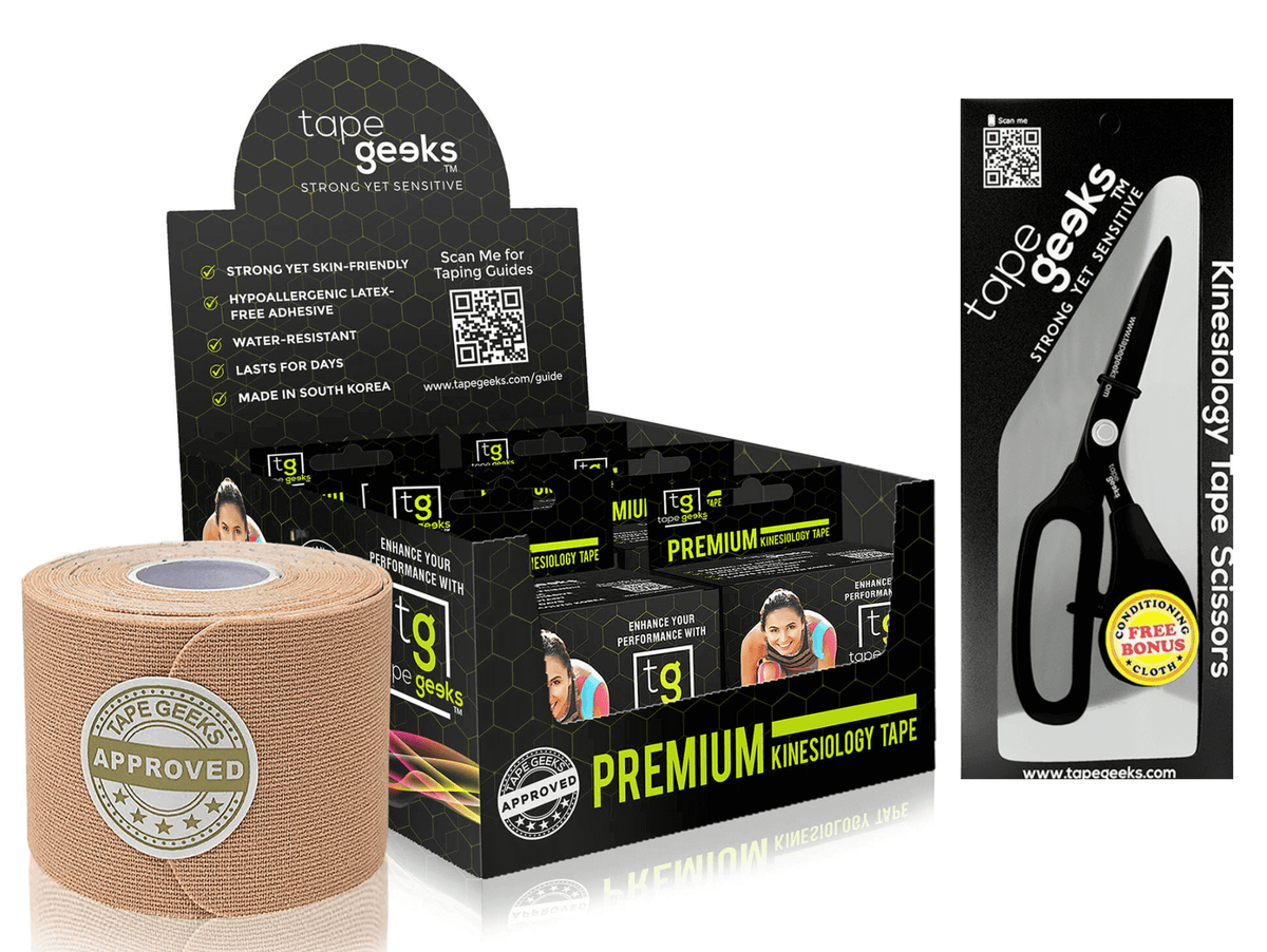 TapeGeeks beige kinesiology tape starter kit with six skin-tone rolls and scissors for discreet athletic muscle support.

