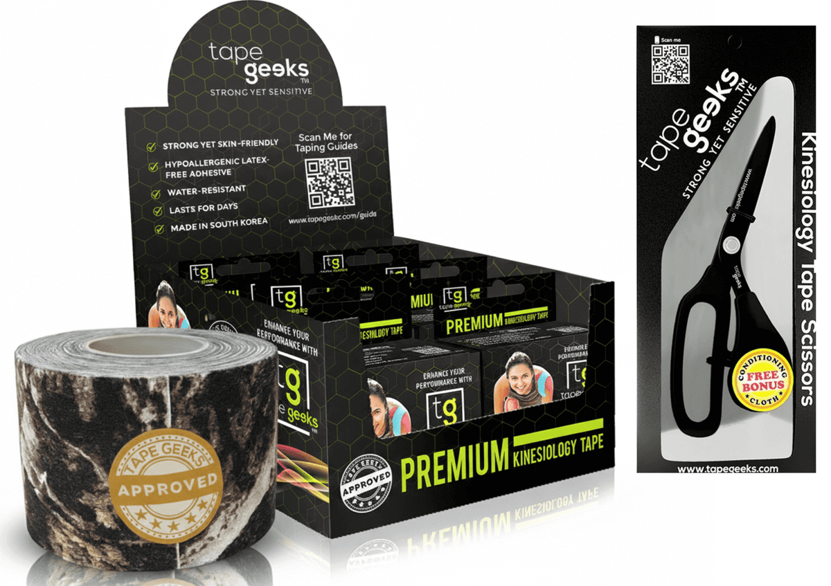 TapeGeeks marble black and white bion kinesiology tape starter kit with patterned rolls and scissors for versatile muscle support.
