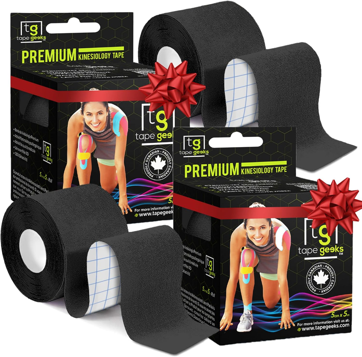 TapeGeeks black kinesiology tape 2-pack bundle with gift bows, ideal for pain relief and muscle recovery support.
