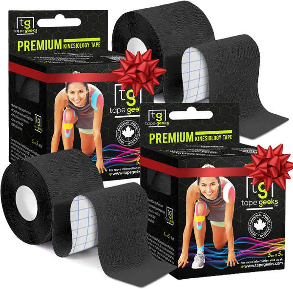 TapeGeeks black kinesiology tape 2-pack bundle with gift bows, ideal for pain relief and muscle recovery support.