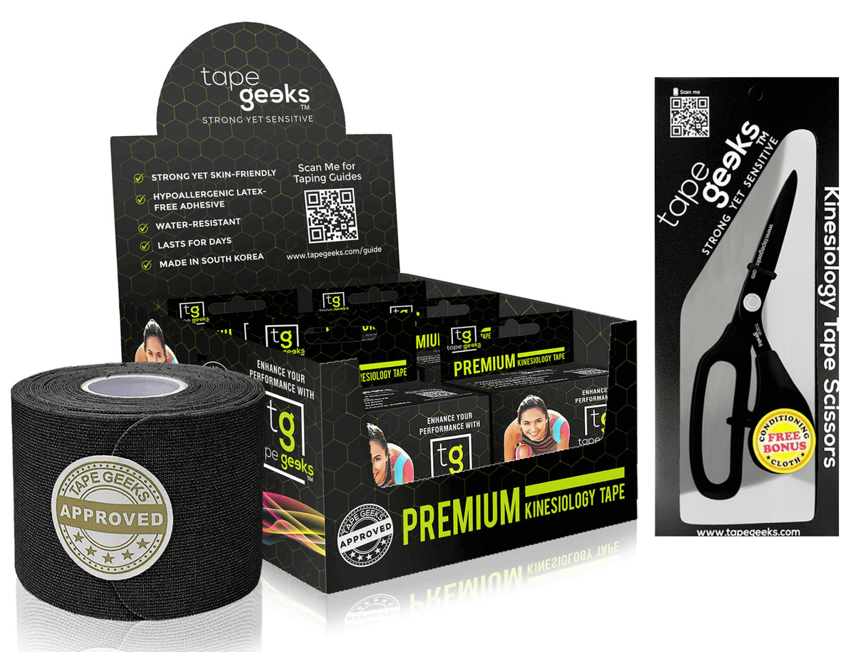 TapeGeeks black kinesiology tape 6-pack starter kit with premium scissors for strong muscle support and sports taping.
