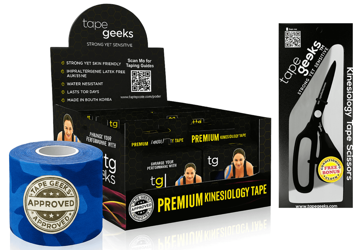TapeGeeks blue camo kinesiology tape starter kit with camouflage rolls and scissors for reliable athletic support and taping.
