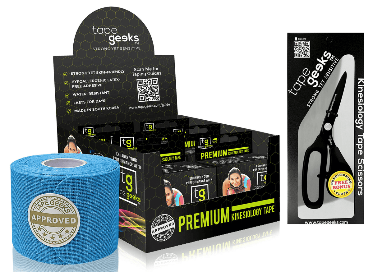 TapeGeeks blue kinesiology tape 6-roll kit and scissors, ideal for athletic taping, joint support, and sports recovery.
