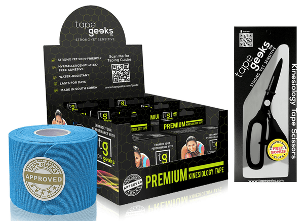 TapeGeeks blue kinesiology tape 6-roll kit and scissors, ideal for athletic taping, joint support, and sports recovery.