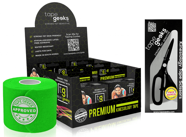 TapeGeeks neon green kinesiology tape 6-pack kit with pro scissors for athletic support, muscle recovery, and easy taping.