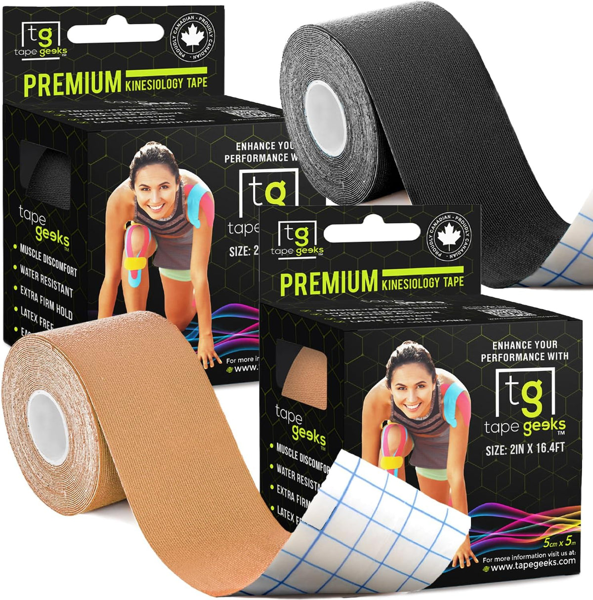 TapeGeeks 2-pack kinesiology tape in black and beige, with packaging, provides premium muscle support and hypoallergenic comfort.
