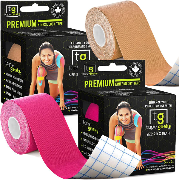 TapeGeeks premium kinesiology tape 2-pack featuring pink and beige rolls, perfect for muscle recovery and skin comfort.