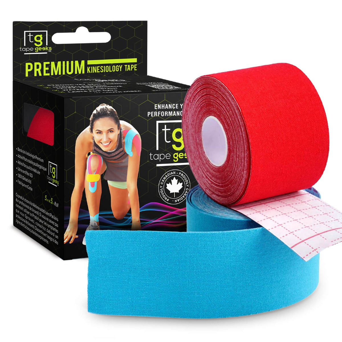 TapeGeeks 2-pack bundle featuring red and blue kinesiology tape rolls and premium box, ideal for sports muscle support.
