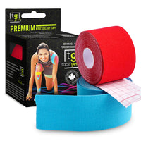 TapeGeeks 2-pack bundle featuring red and blue kinesiology tape rolls and premium box, ideal for sports muscle support.