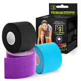 TapeGeeks premium kinesiology tape 3-pack with black, purple, and blue rolls and box for versatile athletic muscle support.
