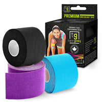 TapeGeeks premium kinesiology tape 3-pack with black, purple, and blue rolls and box for versatile athletic muscle support.