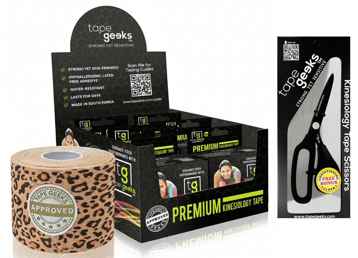 TapeGeeks leopard print kinesiology tape starter kit with six animal pattern rolls and sharp scissors for muscle support.
