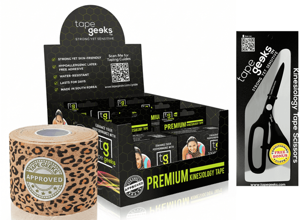 TapeGeeks leopard print kinesiology tape starter kit with six animal pattern rolls and sharp scissors for muscle support.